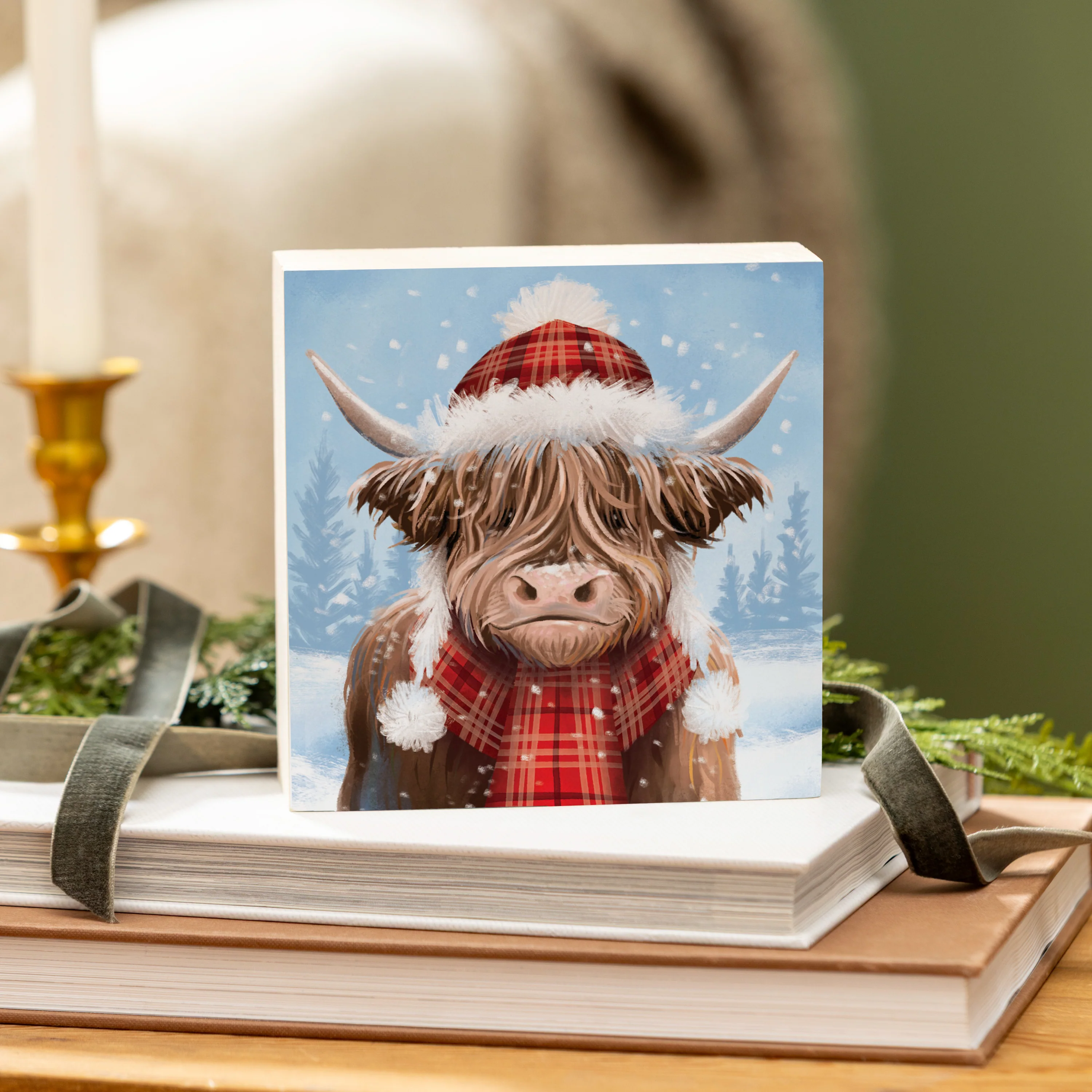 Holiday Poinsettia Highland Cow Wood Sign Plock, 6"x6”