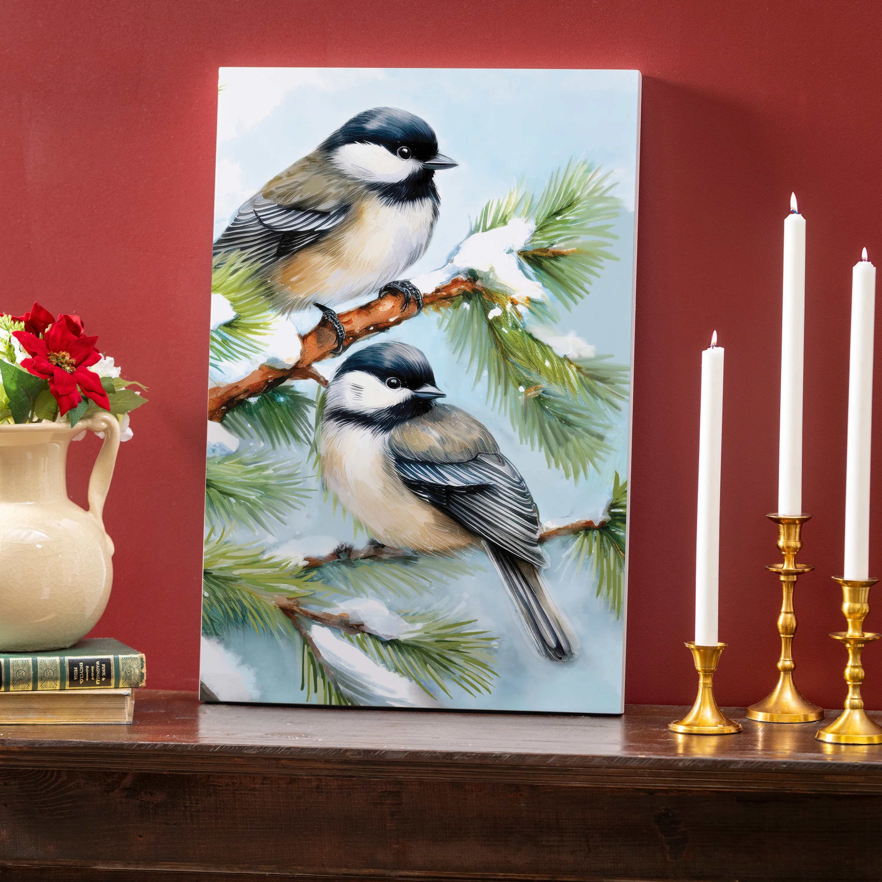 Holiday Poinsettia Chickadees Indoor Wall Décor, 24"x16"
