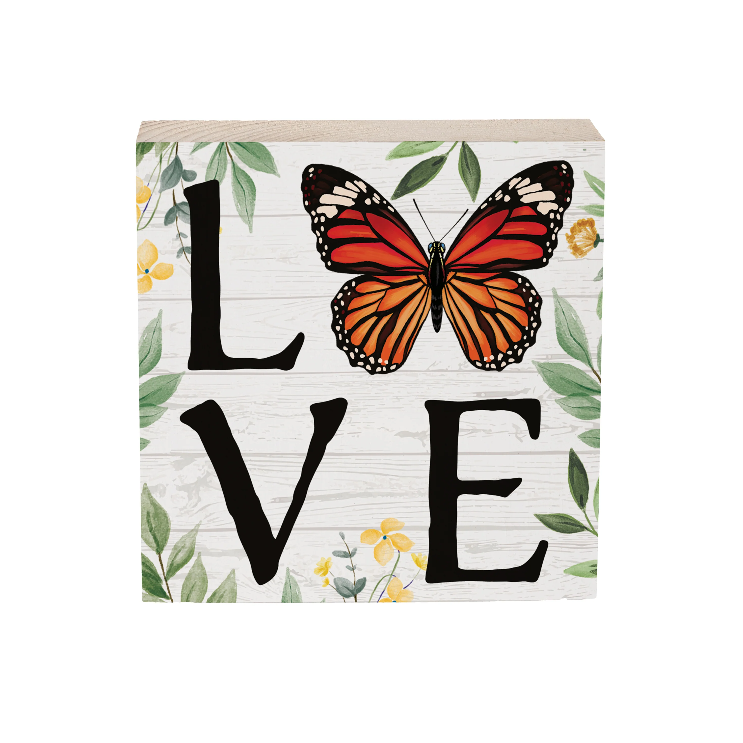 Harvest Blossom Monarch Butterfly Sign Wood Block, "Love", 6"x6" - Image 3