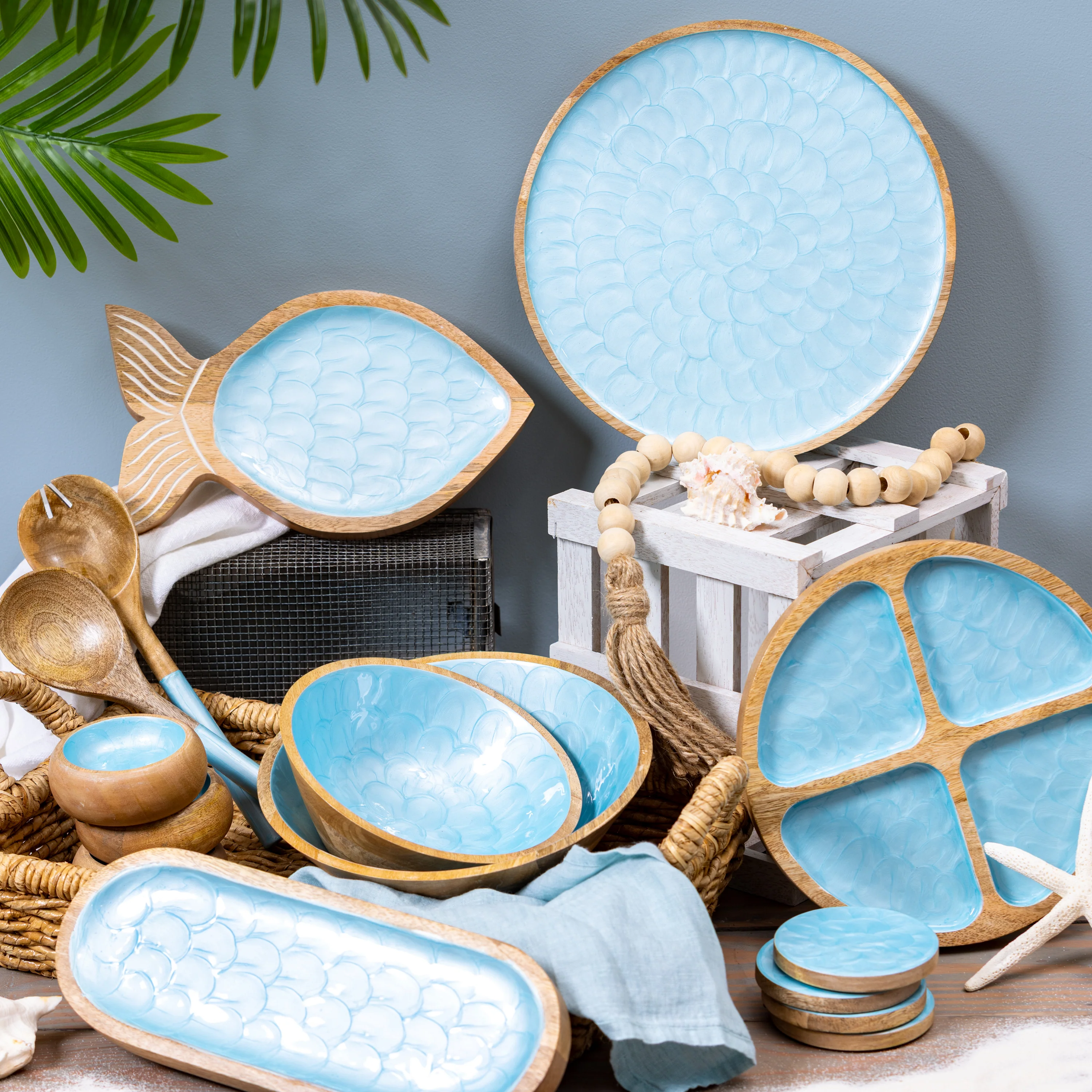 Blue Coastal Serveware Wood with Scalloped Enamel Server with Bowls, 13"L - Image 5