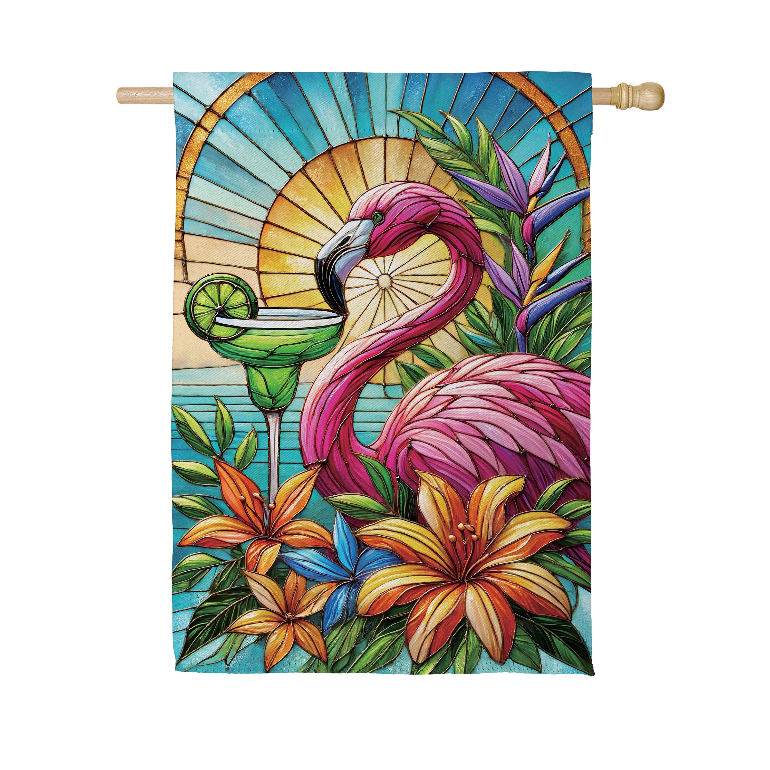 Stained Glass Summer Flamingo Suede House Flag - Image 4