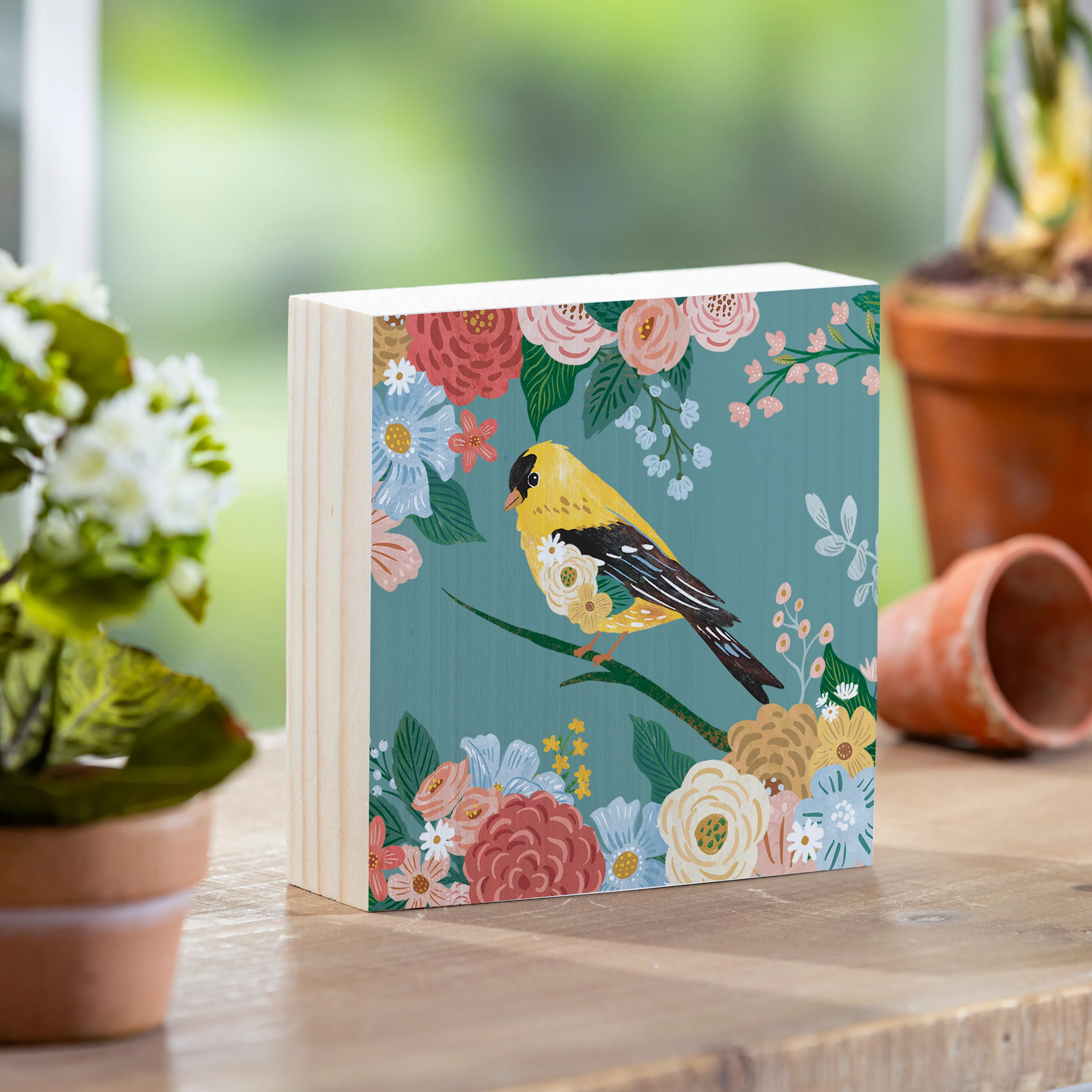 What She Shed Goldfinch with Floral Blooms Sign Wood Block, 6"x6"