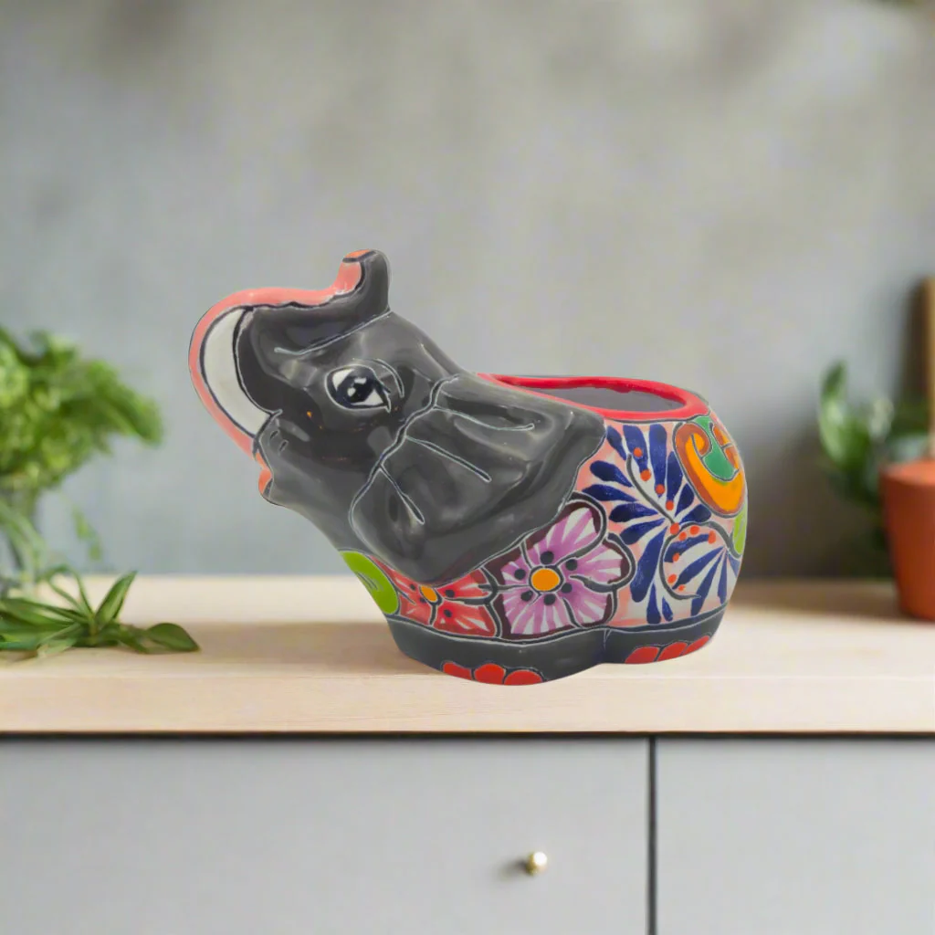 Talavera Elephant Planter | Hand-Painted Gray Ceramic Pot - Image 2