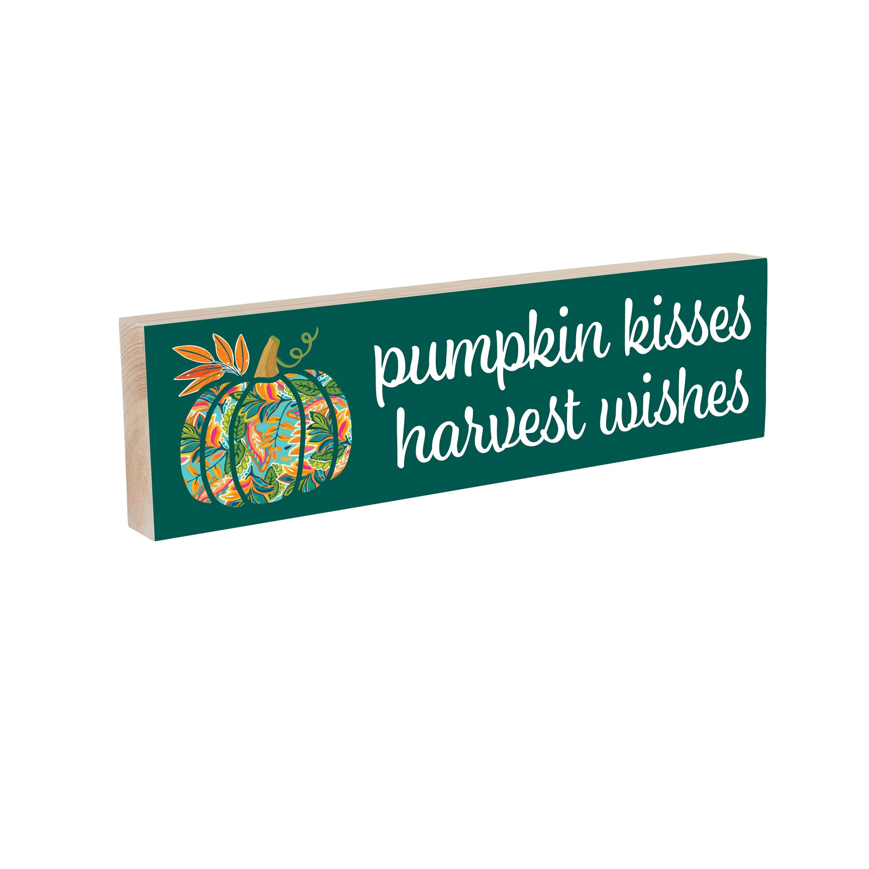 Harvest Blossom Jacobean Pumpkin Mantle Sign, "Pumpkin Kisses Harvest Wishes", 18"x5” - Image 3