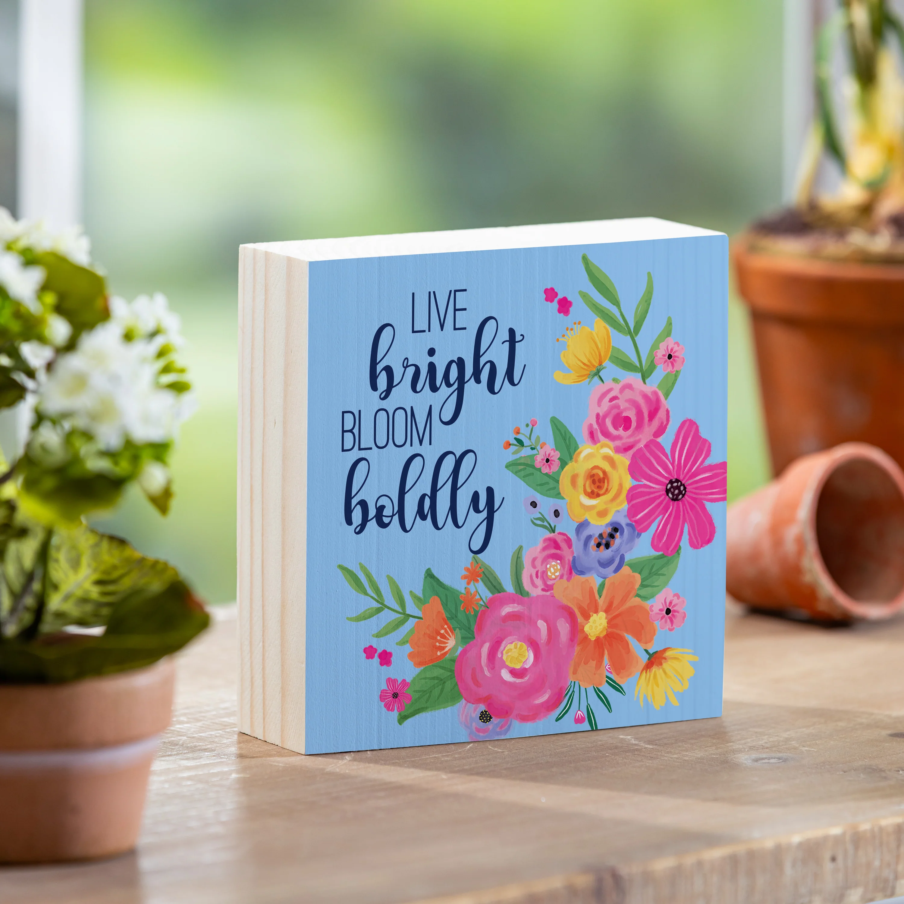 Bunny Blooms Sign Wood Block "Live Bright, Bloom Boldly", 6"x6" - Image 2