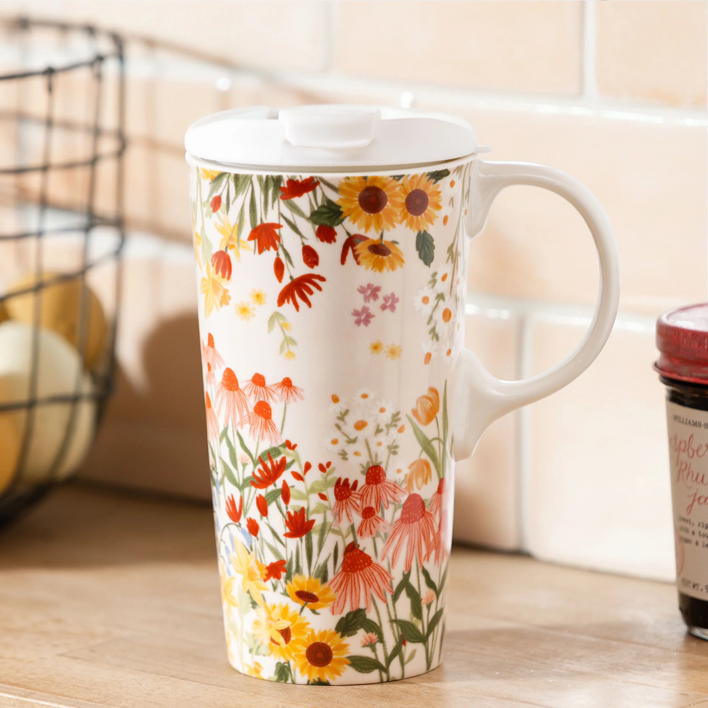 Hillside Pasture Travel Cup Ceramic Perfect Cup, Floral Field, 17oz, Gift Box