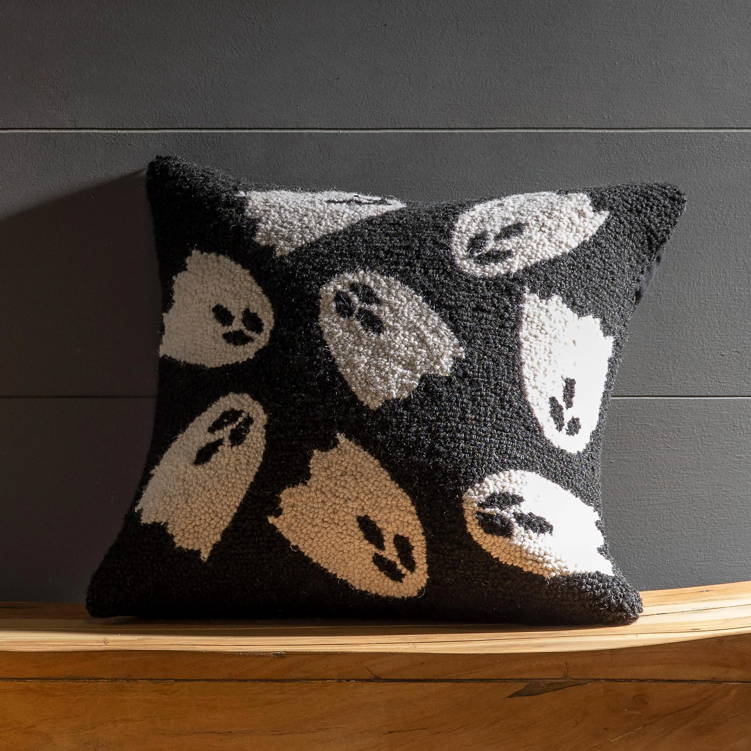 Handhooked Wool Ghost Pillow