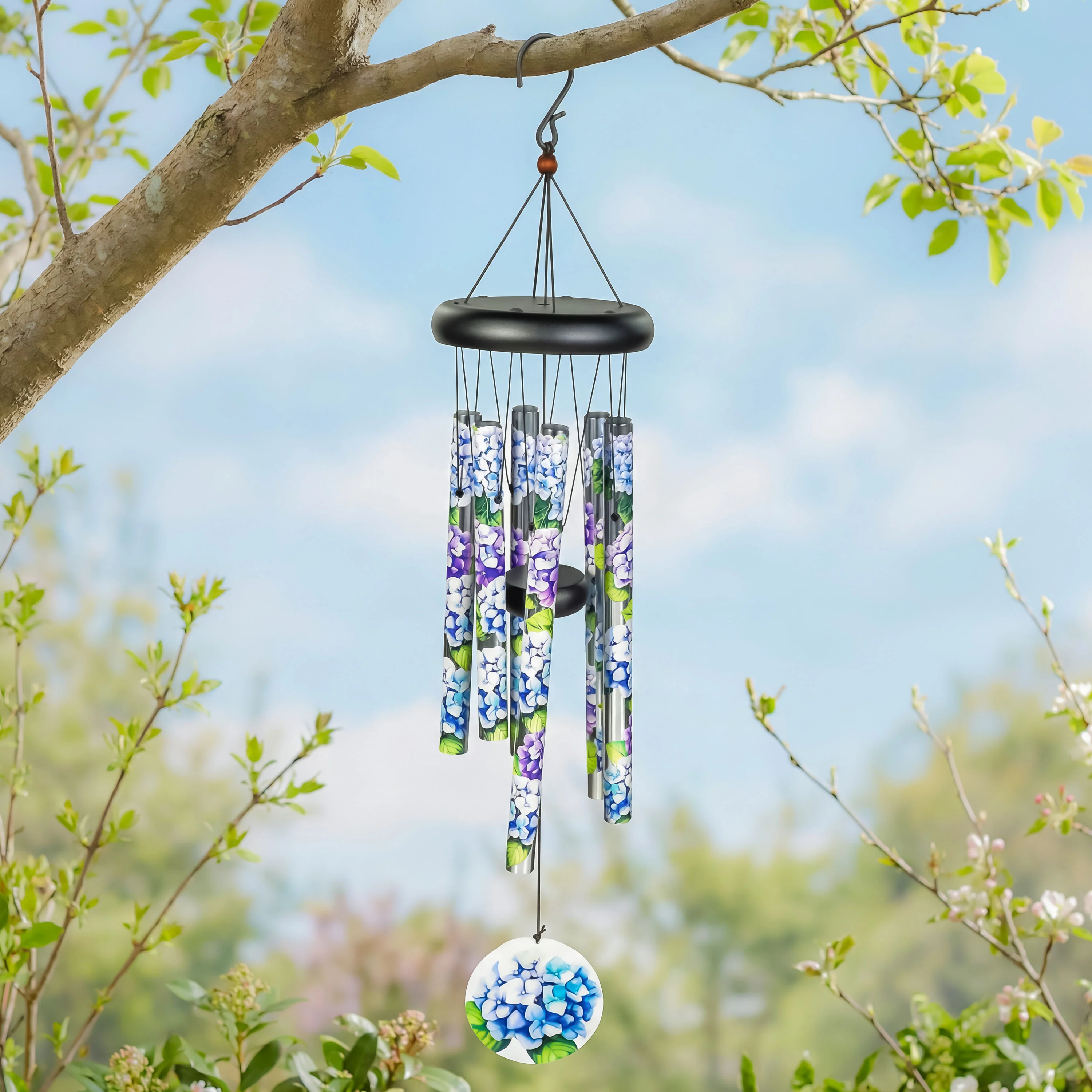 Avria Wind Chime, Tuned Wind Chime, Printed Hydrangeas, 27" H