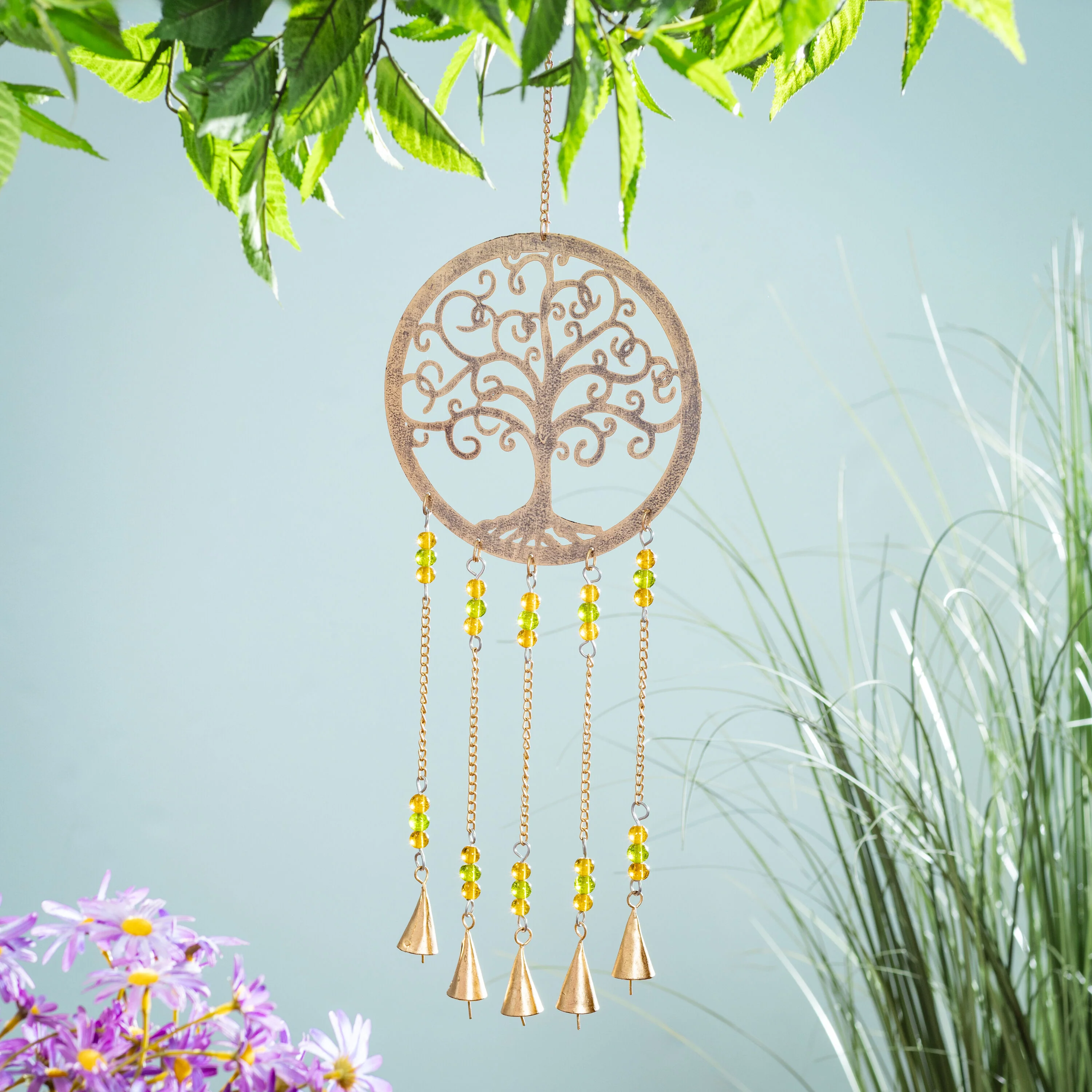 Petal & Plow Wind Chime, Metal, Tree of Life with Decorative Beads, 22"