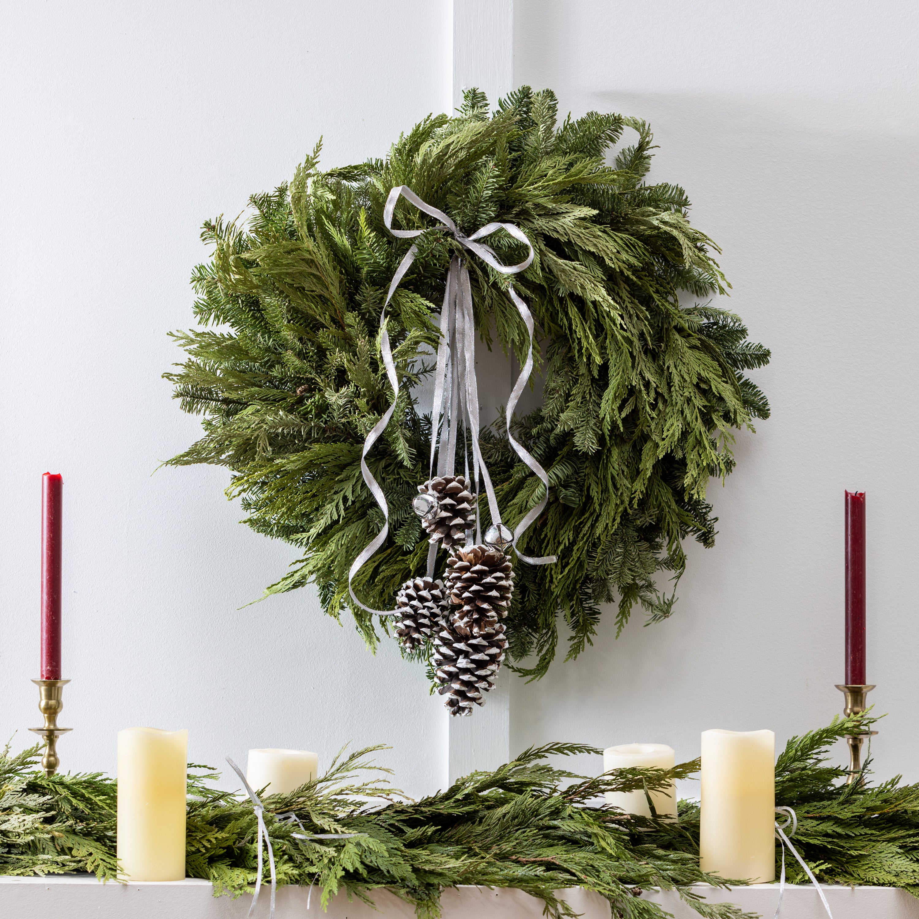 Noble Fir and Pinecone Fresh Wreath with Bells, 20"