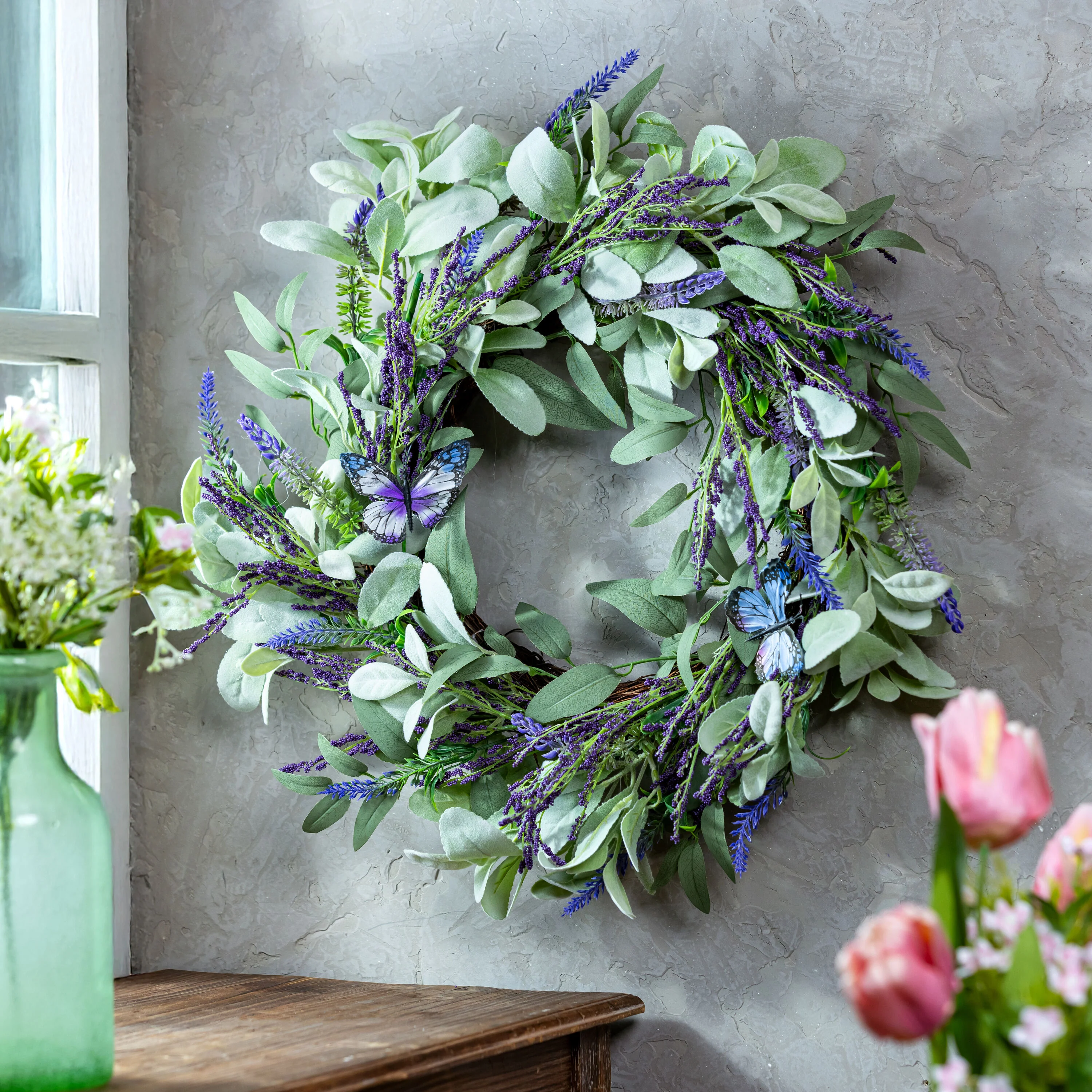 Pollinator Garden Wreath Artificial Lavender with Butterflies, 21.5"